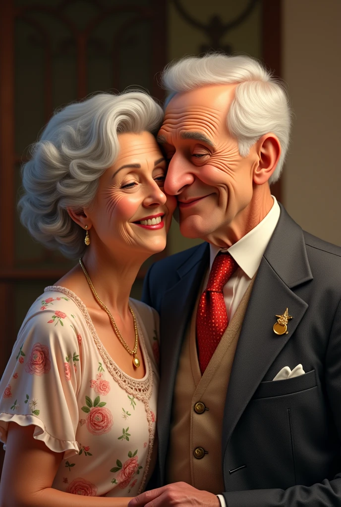 Grandma in a dress and Grandpa in a driver's suit with a red tie