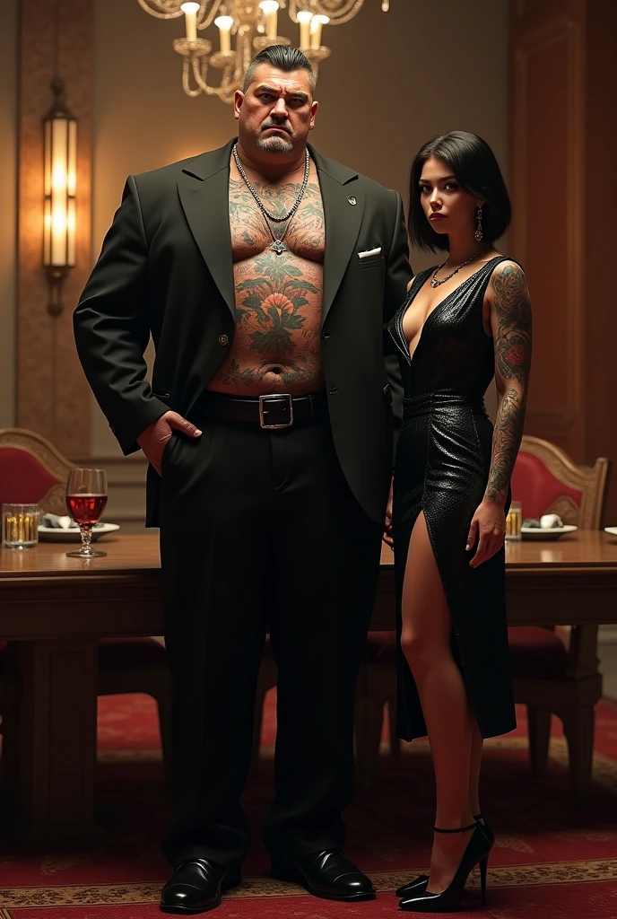 man strong, 1.90 meters, Yakuza boss, 30years, Japanese, bonitas, with tattoo on neck all, bonitas, open suit showing tattoo and muscles. At his side a 20 year old American woman, wearing elegant clothes He is standing and a woman is beside him