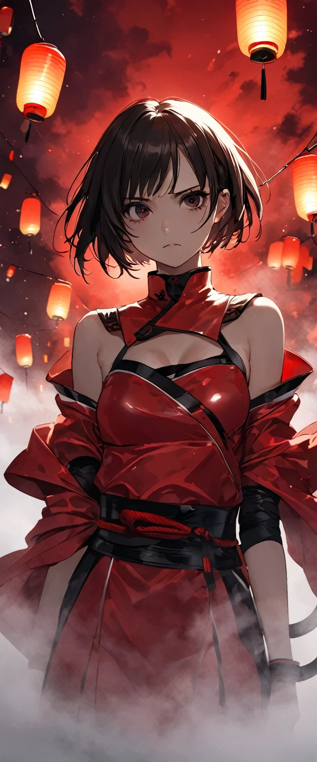 A woman in a shiny scarlet samurai costume。Crouching。Messy red short hair。forehead。Cat ear。Cat Eyes。 White Wilderness。A world of thick fog,。Bust Shot。Dark Eyes。clothes are blowing in the wind。Serious expression。knife。Many small floating lanterns。alone。neo tokyo。Japan。Red Sky。Chiaroscuro,
