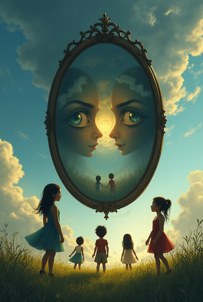 The Lying Mirror The first challenge surprised them when they arrived at a meadow where a large mirror was floating in the air. This mirror, known as the Lying Mirror, had the power to reflect not the truth, but what each one feared for himself. When looking at each other, Clara saw a selfish girl, Luis saw himself as a coward, and Anna saw herself as someone insignificant.
Children, confused and scared, They started fighting each other, blaming themselves for their shortcomings, However, the more disc
