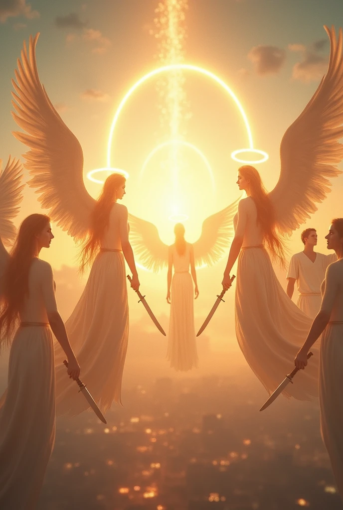 (masterpiece,top quality,high quality)), ((8K wallpaper unified with high definition CG)), (((Thirteen angels appear in the pre-dawn sky))), beautiful blond hair and thin robes fluttering, (Circle of Angels, angel halo), (rings of light above their heads, large wings of light on their backs:1.3), each of them holding a weapon in her hand and looking down on the city from above, view from below,