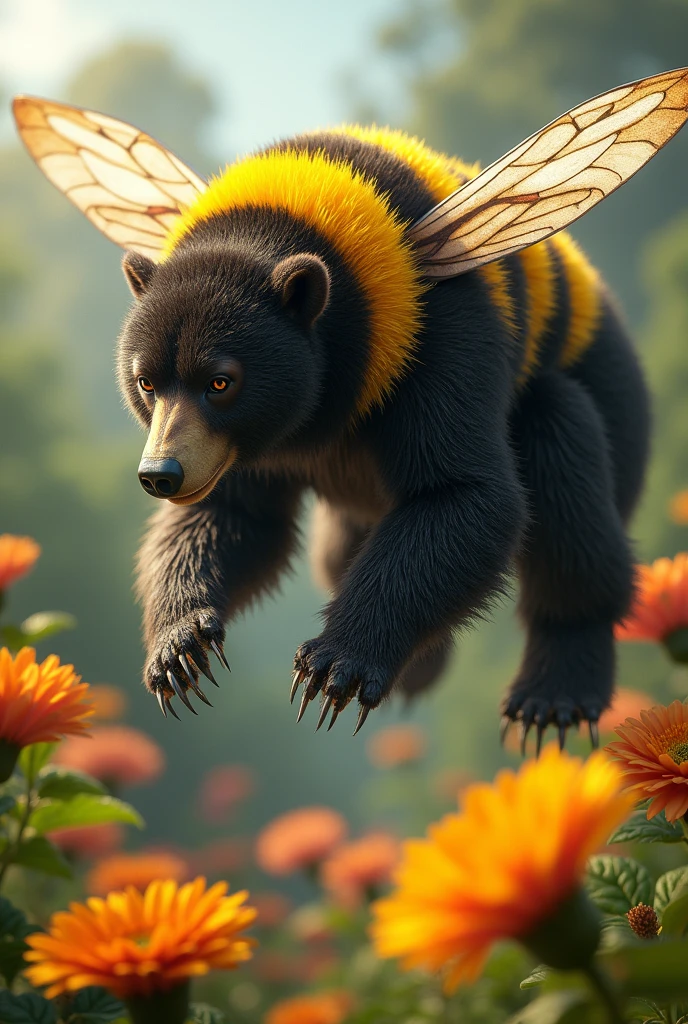 Bear-Bumblebee Hybrid: A large and powerful creature with the body of a bear but covered in soft, fuzzy yellow and black stripes like a bumblebee. It has wings that buzz as it hovers over giant flowers, collecting nectar, and its claws are gentle enough to handle delicate petals.