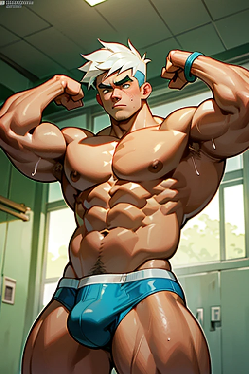 Danny Fenton from Danny Phantom animated series as a big dumb age muscular bodybuilder jock in a locker room flexing and staring blankly with mouth gaping open as his eyes glow under hypnosis as he repeats, "Bigger... Dumber.... Must obey.... More like a jock bro every day.... Yes, Coach. I obey. Huhuhuhuh.... Sweaty brutes must obey.... Sweaty brutes do what you say.... Big ... sweaty ... musky jock bro.... Can't think.... Head ... foggy.... Uhhhhhh ... Huhuhuhuh. Dash, ... Big Bro.... Let's go give some wedgies.... Turn those nerds to real jocks.... Assimilate the nerdy bros. Dumb them down and watch them grow.... Huhuhuh.... Big dumb jock bros, ... that is what we are. All bros will be like us, near and far.... " in deep mindless emotionless voice with fellow hypnotized jocks to forget about catching ghosts and focus instead on training his body and obeying his coach. Mouth dropped open. Hyper swollen bulging crotch. Hyper muscles. Toned muscles. 5% body fat. Steam rising from armpits and shoulders. Big biceps. Big triceps. Broad shoulders. Big traps. Big lats. Big meaty pecs. Massive deltoids. Six-pack abs. Spherical glutes. Brainwashing. Hypnosis. Hypnotized. Bro. IQ drain. Dumber and dumber. Meathead. Musclehead. Mindless. Hypno. Mind control. Brain drain. Entranced. Brute. Brutification. Brain drain. brainwashed. brainwash. Meathead jock bro assimilation. Mindless. Brainless. Empty stare. Hairy pecs. Hairy armpits. Treasure trail.