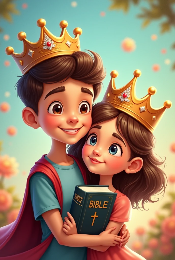 Cartoon An 18 year old boy hugging a bible and with a crown on his head and an 1 girl hugging a bible and with a crown on her head.