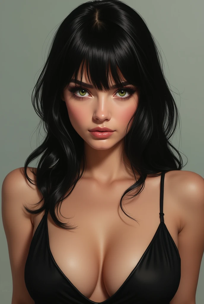 Woman with straight black hair and bangs. very full body, greeneyes, European traits