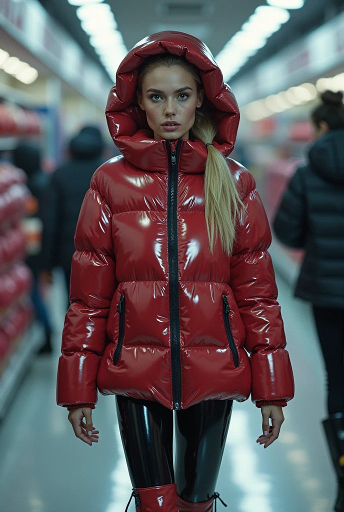 a slim ponytail girl,beautiful detailed eyes,beautiful freckles,beautiful detailed lips,extremely detailed eyes and face,longeyelashes,in beautiful detailed hooded formfitting duvetica overfilled shiny hyper gleamy hyper thick glossy unsealed puffer jacket covering her sealed hyper padded skisuit,latex glossy stirrup legging, puffy boots,symmetrical,walking in a pufferstore,masterpiece,cinematic,lifelike,hyperrealistic,8k,photorealistic,highly detailed,intricate,exquisite,elegant,beautiful,stunning