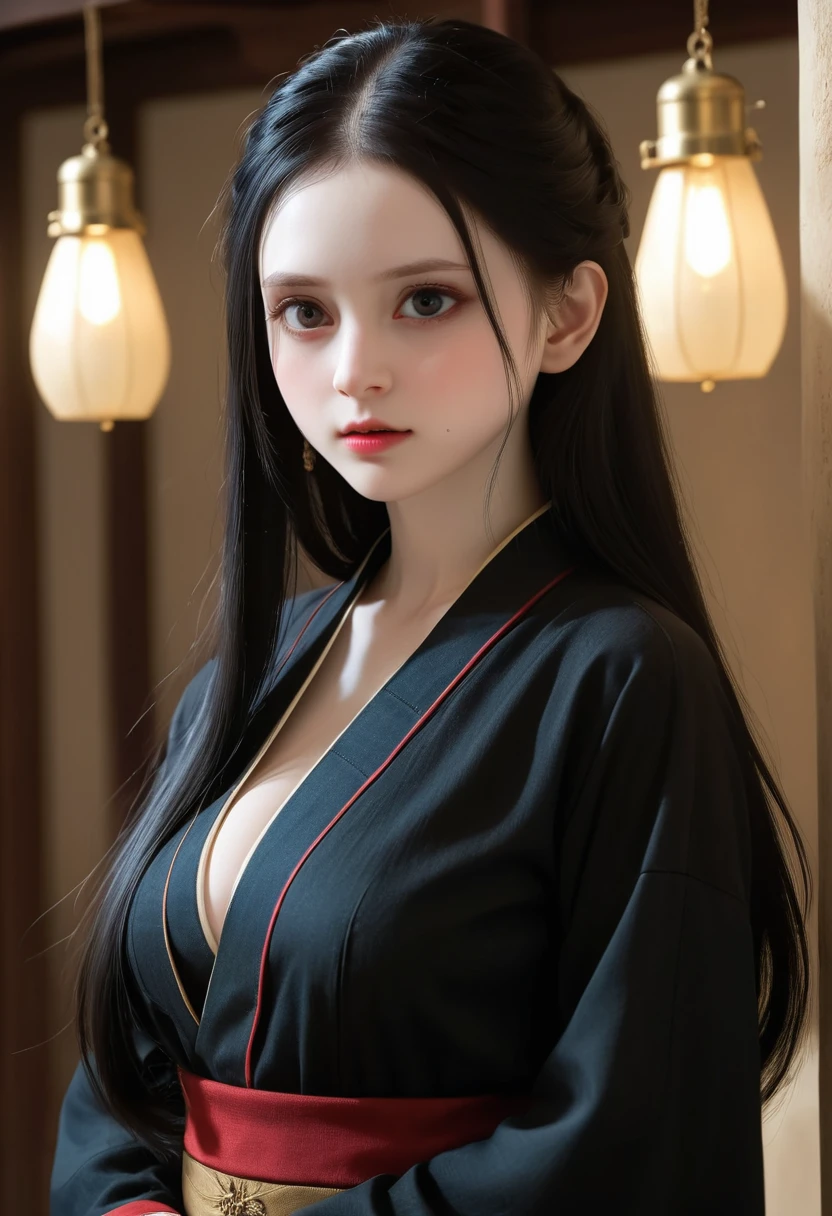 A girl around ,Pale skin,Very long hair, Black straight hair. big、Black eyes , With a strong and mysterious expression. Dressed in orphan clothing style, More elegant and refined, Something that matches her mysterious and strong personality. comprehensive, Her presence will attract attention, Attract curious and inquisitive eyes. flat chest, movie lighting, Chromatic Aberration, Backlight, masterpiece, High Detail, high quality, 4k.(breasts_grab,povhands,povbreastgrab)