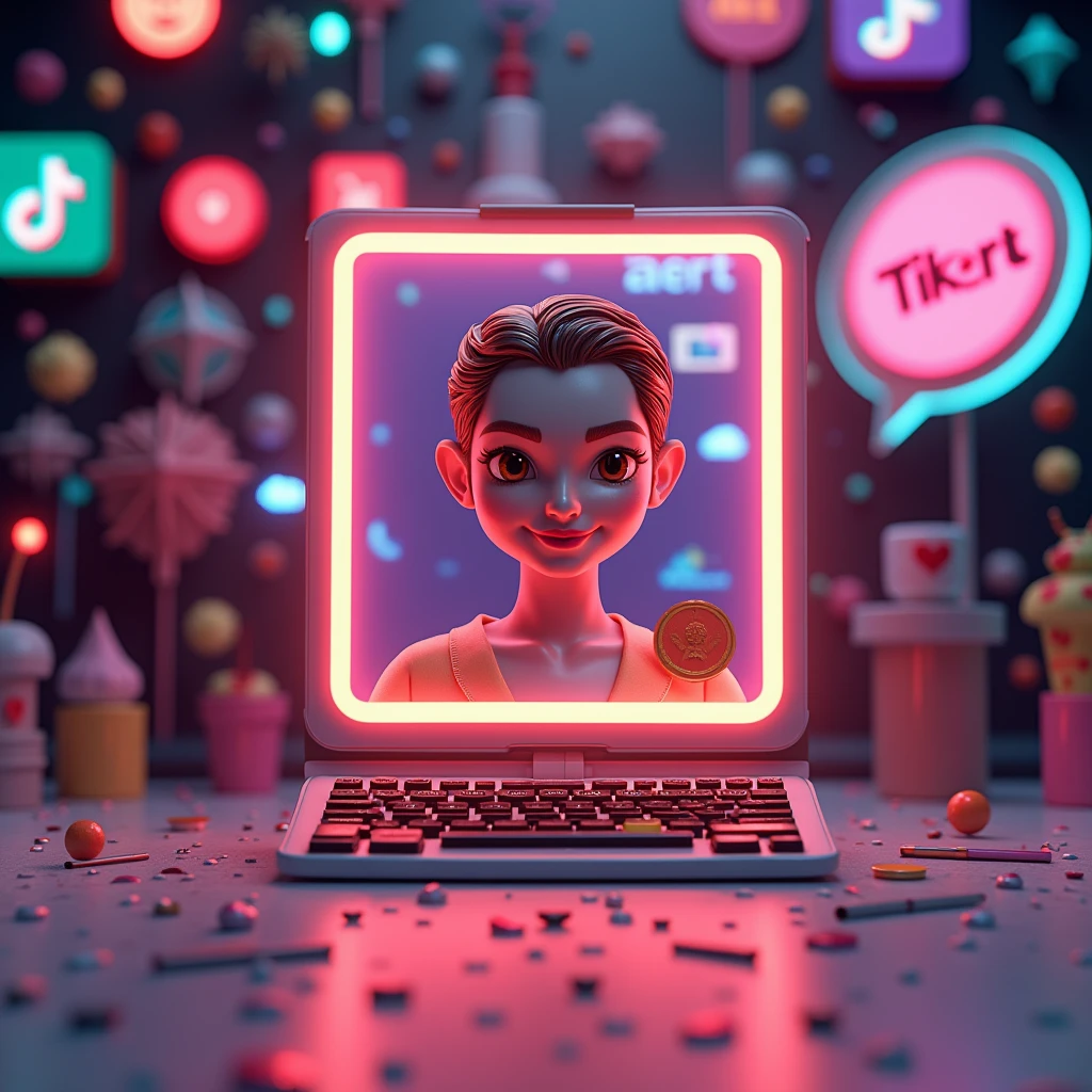 A cinematic 3D render of a digital advertisement featuring the name "Laert" prominently. The ad showcases social media platforms, TikTok, and WhatsApp, with a creative MakeUpwork gig ad in the center. The design is modern and eye-catching, with a blend of warm and cool colors. The overall atmosphere is dynamic and energetic, with a sense of innovation and creativity.