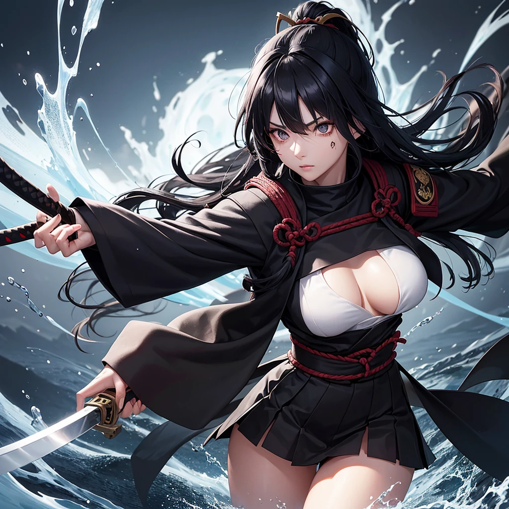 A 20-year-old woman,defined body,Samurai,eyes black,long dark blue hair,skin fair,left eye patch,roupas Samurais longas,using cloaks,holding a longsword,water powers