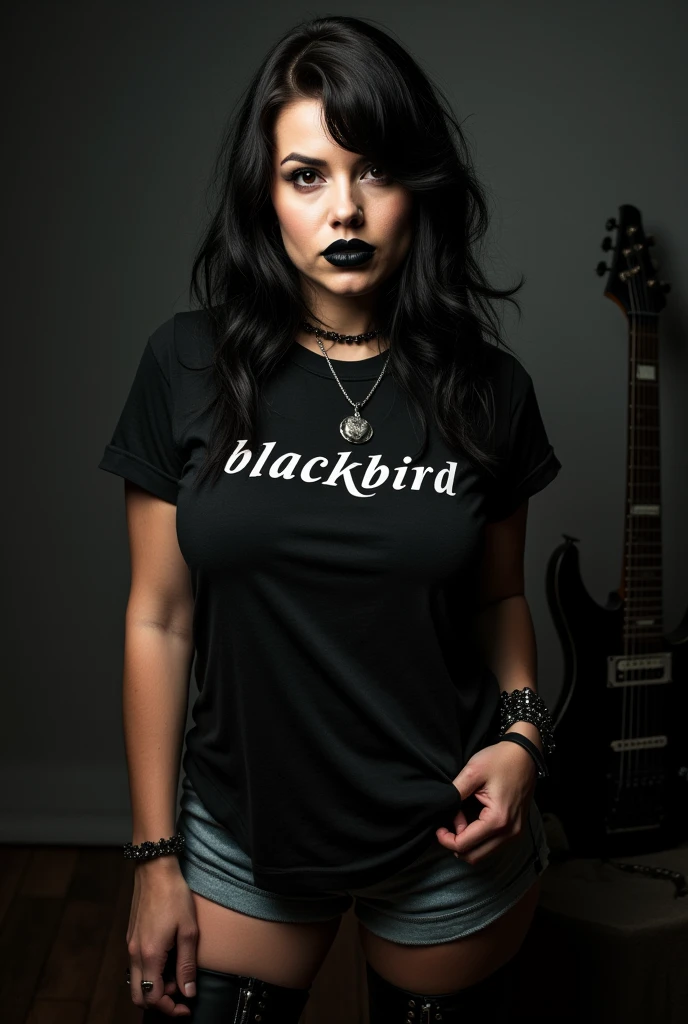 Black lipstick beautiful, full body, gothic, rocker, wearing a t-shirt with the text "Blackbird", leather boots, an electric guitar behind her, HD, super realistic, photography, Canon Rebel, nice pretty body