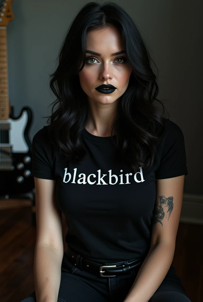 Black lipstick beautiful, full body, gothic, rocker, wearing a t-shirt with the text "Blackbird", leather boots, an electric guitar behind her, HD, super realistic, photography, Canon Rebel, nice pretty body