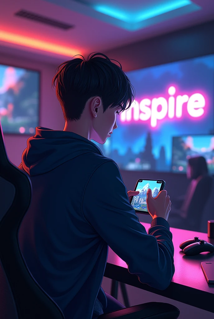 A boy playing game in a luxury gaming room .with vibe .and at his background wall therenis written inspire 
Make the inspire more visible
Make the boy more handsome and his age is 22
He is playing on a phone 
Make his face blurry
This photo is from his background from his backside
Make the boy an anime character 