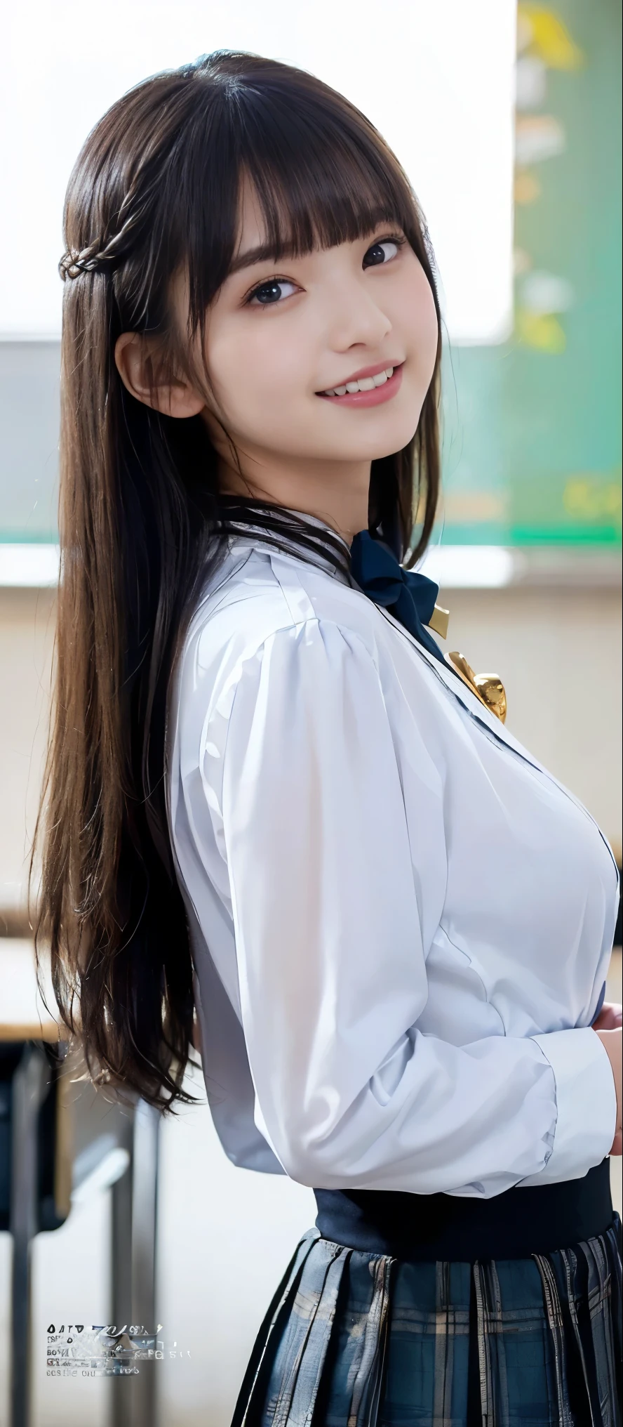 (Highest quality, masterpiece:1.2), Highest quality, Realistic, photograph, High resolution, 1080P, 8k, Physical Rendering, ((height: 155cm)), ((((((A beautiful fashion model featured in a Japanese fashion magazine、Look directly at the viewer)))))), (((big, Very fine, Beautiful dark brown eyes))), ((((Everyone loves me、They are Laughter at me.!)))), Detailed fingers, (((Curled bangs))), ((((Very noble and cute eyes, Every detail is carefully drawn)))), ((double eyelid)), (((Long eyelashes))), ((cute、Adorable、Adorable、Laughter、Laughter頬)), ((Pure white light hits my nose and cheeks. Her eyes and the white skin of her face are beautifully white.......)), (((((Her face is very expressive、With a noble smile。, so sweet, very smart))))), ((((A striking plain navy large school ribbon bow tie)))), ((((so beautiful、very long black braided hair)))),((She is wearing a formal long pleated skirt, Blue and navy tartan check), ((((The size is a bit large、With gold emblem.、She lifts up her dark blue formal blazer to reveal her beautiful breasts, which is very impressive.)))), ((As elegant as a noble princess)), ((Girls dancing in the classroom)), ((From the side, When her shirt is lifted, her beautiful breasts create an impressive image...))