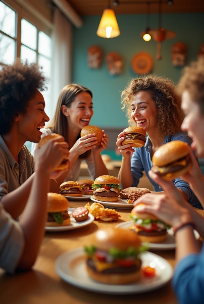 Realistic people eating burger moving