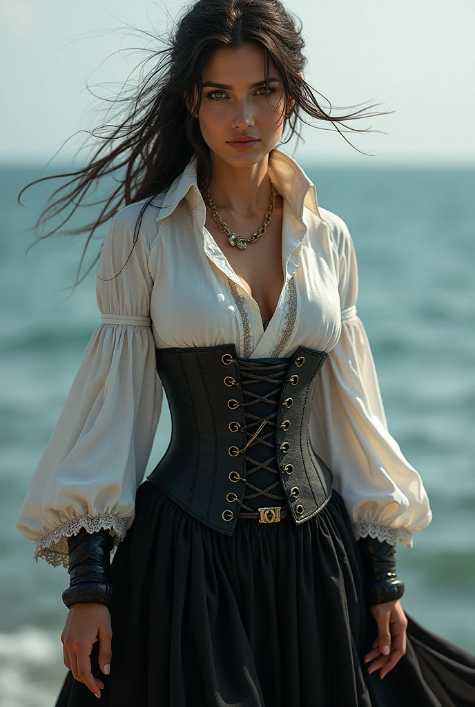 Female pirate wearing a white shirt, corset negro, black skirt below and long white skirt above