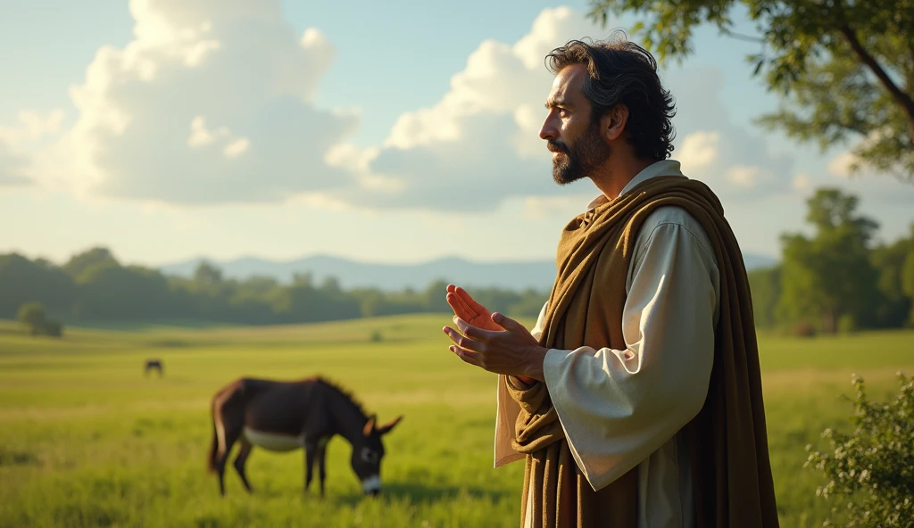 Scene 6: Aqalmund Aadmi Ki Samajh
Ek aqalmund aadmi khet ke kinare se dekh raha hai. Pehle woh bhi dar gaya tha, magar ab usne gadhe ko ghas chabate hue dekha aur samajh gaya ki yeh sheer nahi hai. Woh dusre logon ko batane ke liye unhe ishara karta hai.