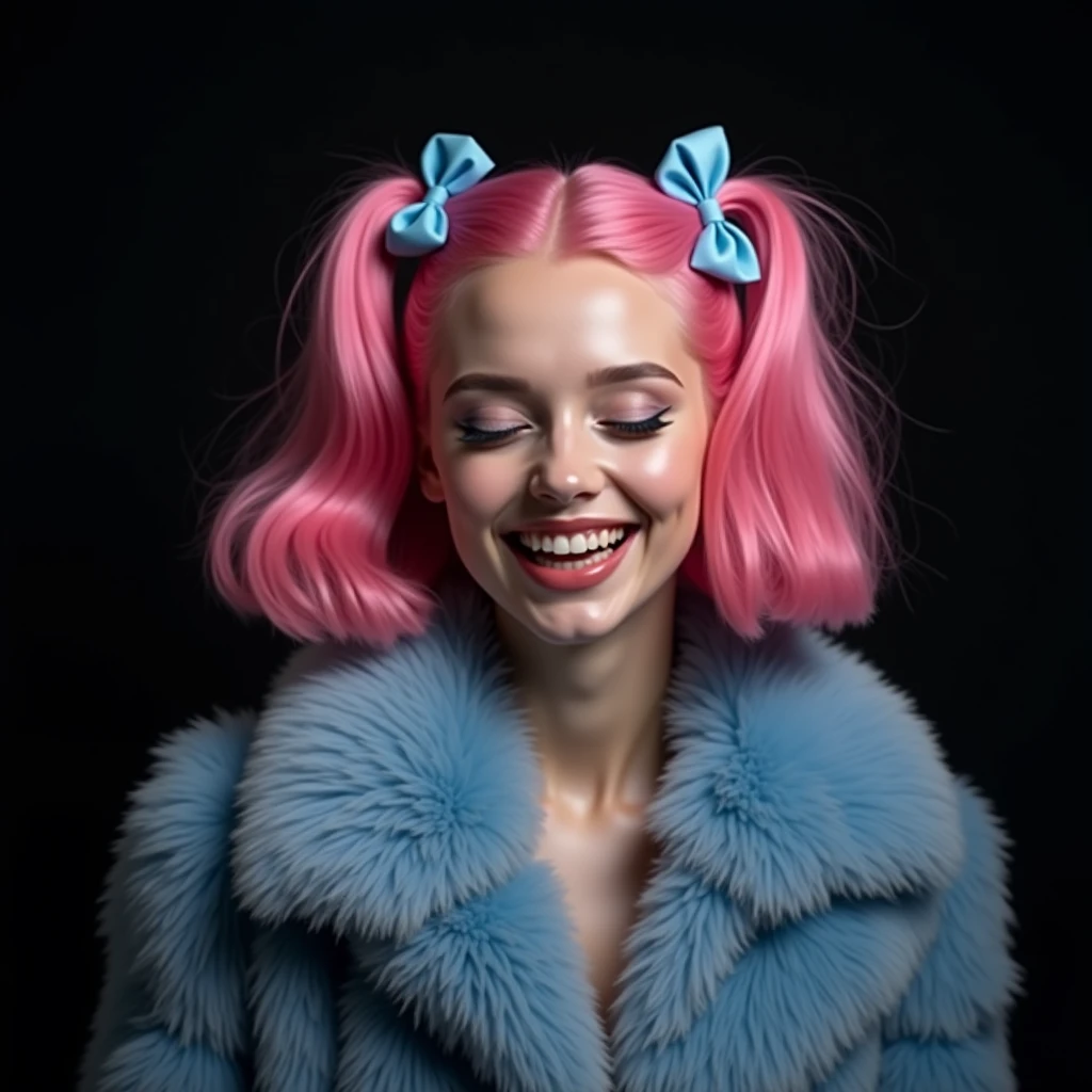 naughty sexy fashion girl, professional, portrait photography, the face looks straight ahead, studio light from above and backlight from behind the head, cute girl (Sharp Focus:1.3), there is a very nice smile on the face, very detailed, beautiful detailed face, pink hair bob hairstyle, there are two small blue bows on her head, eyes closed, as if enjoying the sound, --Detailing, whole body, a lot of femininity, blue fur coat, Tempting, Dazzling, Black background, Backlight, installed behind the model, illuminates the back of the head and creates a frame around the head, highlighting the silhouette of the poser against the background