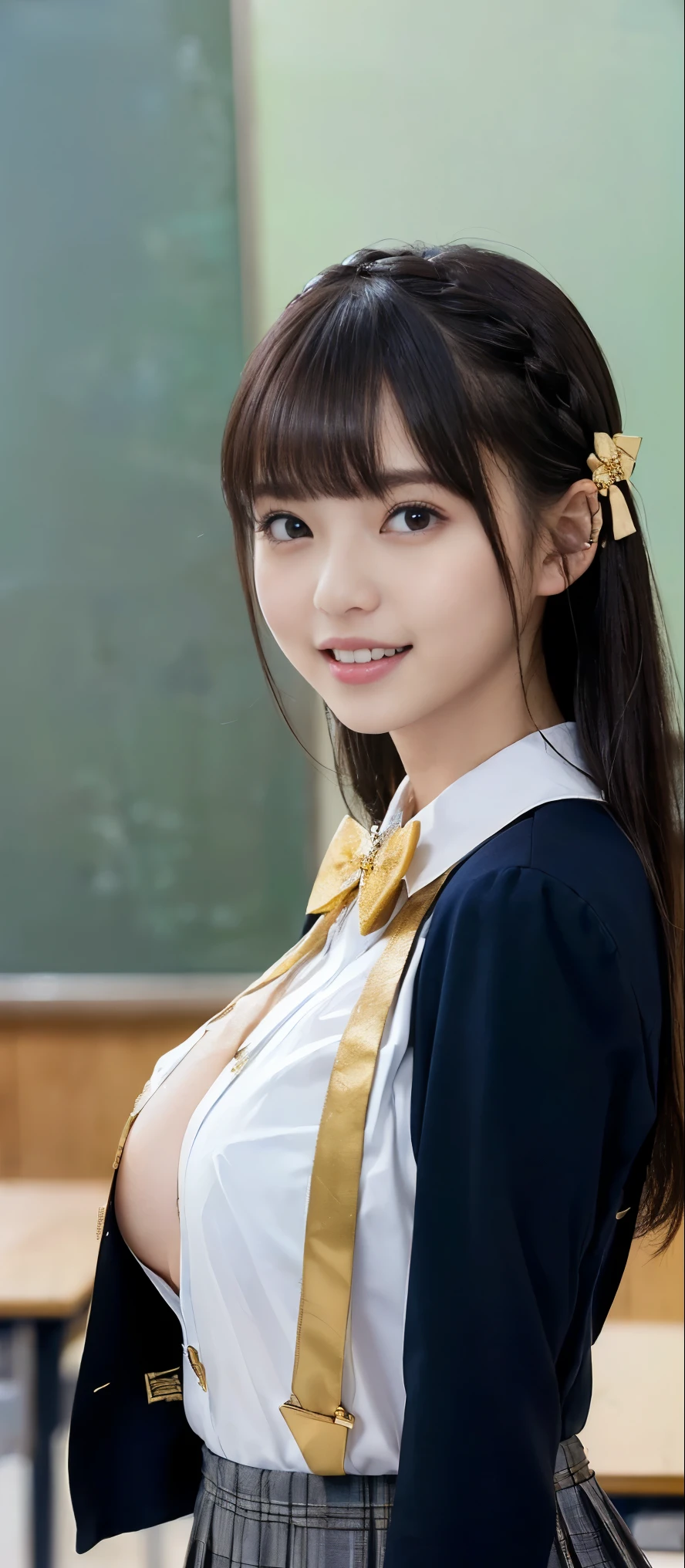 (Highest quality, masterpiece:1.2), Highest quality, Realistic, photograph, High resolution, 1080P, 8k, Physical Rendering, ((height: 155cm)), ((((((A beautiful fashion model featured in a Japanese fashion magazine、Look directly at the viewer)))))), (((big, Very fine, Beautiful dark brown eyes))), ((((Everyone loves me、They are Laughter at me.!)))), Detailed fingers, (((Curled bangs))), ((((Very noble and cute eyes, Every detail is carefully drawn)))), ((double eyelid)), (((Long eyelashes))), ((cute、Adorable、Adorable、Laughter、Laughter頬)), ((Pure white light hits my nose and cheeks. Her eyes and the white skin of her face are beautifully white.......)), (((((Her face is very expressive、With a noble smile。, so sweet, very smart))))), ((((A striking plain navy large school ribbon bow tie)))), ((((so beautiful、very long black braided hair)))),((She is wearing a formal long pleated skirt, Blue and navy tartan check), ((((The size is a bit large、With gold emblem.、She lifts up her dark blue formal blazer to reveal her beautiful breasts, which is very impressive.)))), ((As elegant as a noble princess)), ((Girls dancing in the classroom)), ((From the side, When her shirt is lifted, her beautiful breasts create an impressive image...))