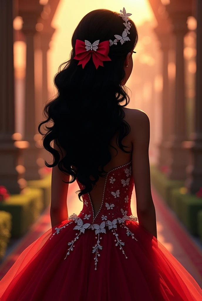 Animated silhouette of a quinceanera with her back turned in a red, lush dress with small silver details ,black hair down to mid back with waves and a red bow , located on the left side , with a silver bow with silver butterfly details 