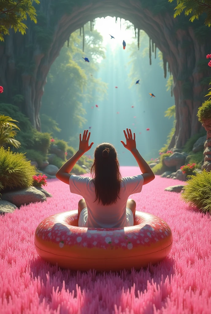 Person raising hands while sliding on a donut-shaped tire, on a FLAT mat with very long small magenta plastic bristles, at least 2 meters wide, dry, NO water, with an interesting slope, around him a forest, At the end there is a cave with stalactites full of colorful birds.