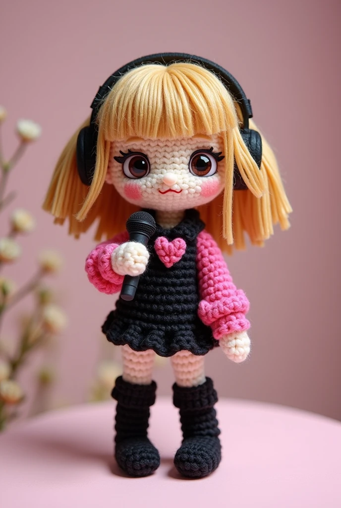 amigurumi, chibi-style, Lisa from Blackpink, with her signature light brown-blonde hair styled in her iconic straight cut with blunt bangs. She’s wearing a stylish black and pink dress with a mix of edgy and cute elements—. She’s holding a tiny microphone in one hand, and wearing knee-high black boots.
