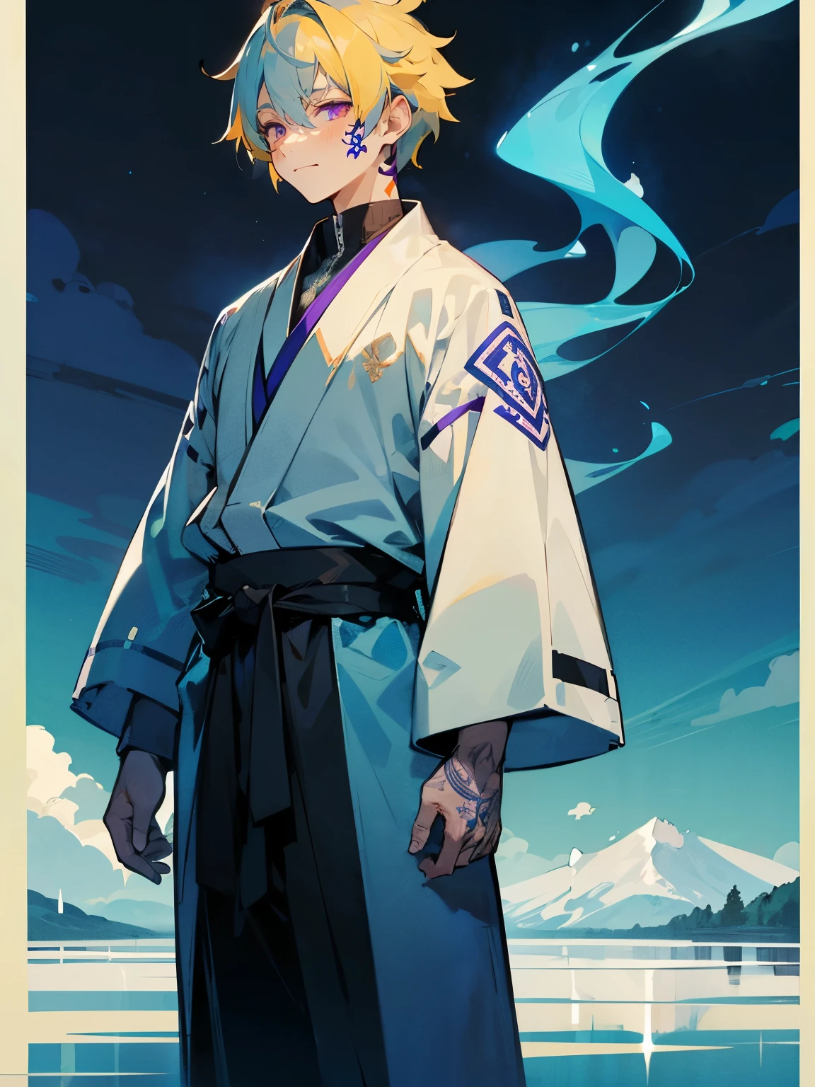 1male , Mystical Lake Background, Standing In Lake, White and Blue Yukata With One Sleeve,Adult Male , Blueish Black Tribal Tattoos On Arm , Messy Pale Blue Hair ,Yellow Highlighted Hair, Purple Eyes , Perfect Generation