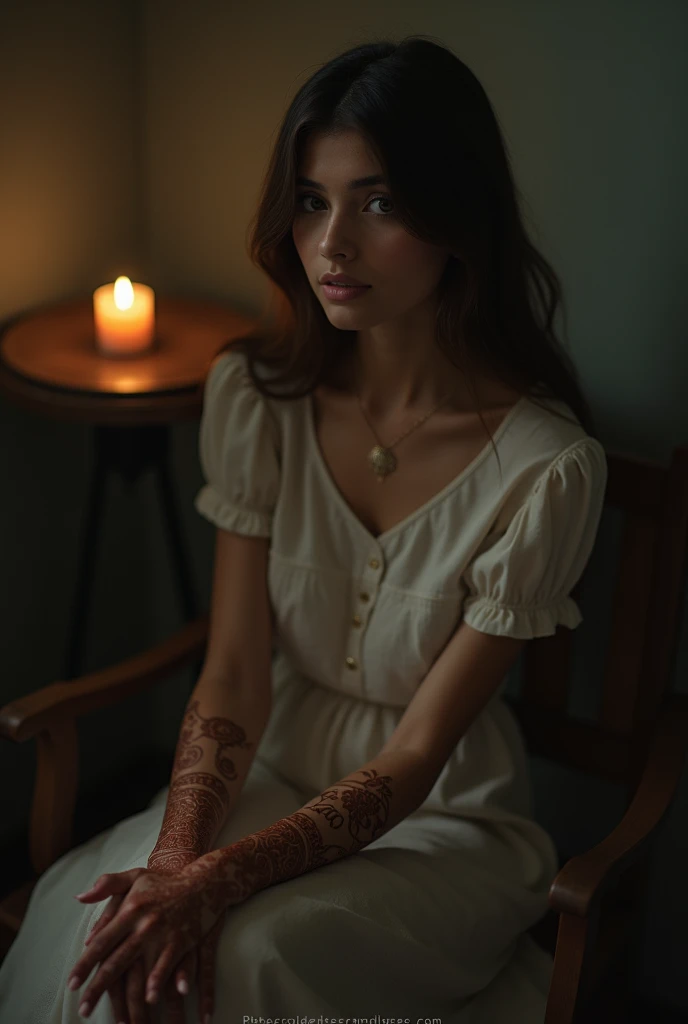 A pretty girl in a silent rooms. She is in a chair in front of table and a candle is on the table and no light without that candle . Her hands is covered by mehedi with the name of Hasan