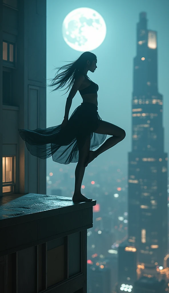 photo-realistic, dramatic scene, cinematic scene, masterpiece, (extremely beautiful Japanese boyish fat girl), professional dancer, full body, acrobatic pose, dynamic angle, breakdancing at the top of the tallest building, on the dangerous edge, amazing view of cyber punk skyscrapers, her brilliant fantastic dance techniques, (a strong spot light is on her:1.5), Her beautiful face brightly lit by moonlight