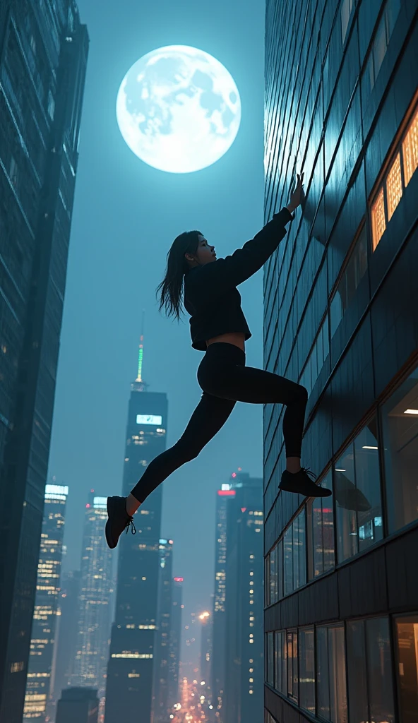 photo-realistic, dramatic scene, cinematic scene, masterpiece, (extremely beautiful Japanese boyish fat girl), professional dancer, full body, acrobatic pose, dynamic angle, breakdancing at the top of the tallest building, on the dangerous edge, amazing view of cyber punk skyscrapers, her brilliant fantastic dance techniques, (a strong spot light is on her:1.5), Her beautiful face brightly lit by moonlight