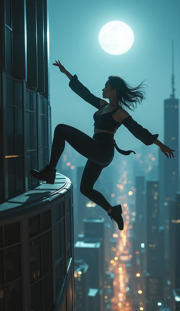 photo-realistic, dramatic scene, cinematic scene, masterpiece, (extremely beautiful Japanese boyish fat girl), professional dancer, full body, acrobatic pose, dynamic angle, breakdancing at the top of the tallest building, on the dangerous edge, amazing view of cyber punk skyscrapers, her brilliant fantastic dance techniques, (a strong spot light is on her:1.5), Her beautiful face brightly lit by moonlight