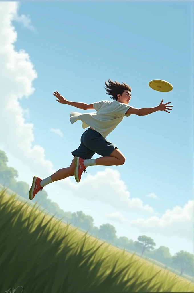 Player flying to catch the frisbee horizontally