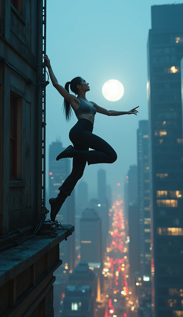 photo-realistic, dramatic scene, cinematic scene, masterpiece, (extremely beautiful Japanese boyish fat girl), professional dancer, full body, acrobatic pose, dynamic angle, breakdancing at the top of the tallest building, on the dangerous edge, amazing view of cyber punk skyscrapers, her brilliant fantastic dance techniques, (a strong spot light is on her:1.5), Her beautiful face brightly lit by moonlight