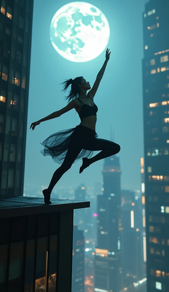 photo-realistic, dramatic scene, cinematic scene, masterpiece, (extremely beautiful Japanese boyish fat girl), professional dancer, full body, acrobatic pose, dynamic angle, breakdancing at the top of the tallest building, on the dangerous edge, amazing view of cyber punk skyscrapers, her brilliant fantastic dance techniques, (a strong spot light is on her:1.5), Her beautiful face brightly lit by moonlight