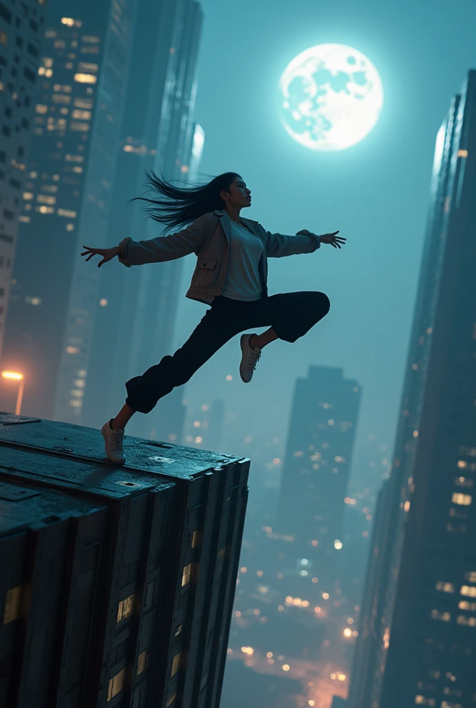 photo-realistic, dramatic scene, cinematic scene, masterpiece, (extremely beautiful Japanese boyish fat girl), professional dancer, full body, acrobatic pose, dynamic angle, breakdancing at the top of the tallest building, on the dangerous edge, amazing view of cyber punk skyscrapers, her brilliant fantastic dance techniques, (a strong spot light is on her:1.5), Her beautiful face brightly lit by moonlight