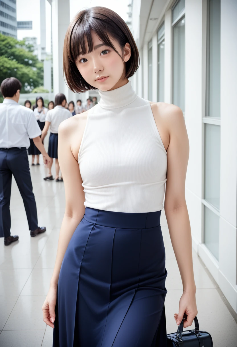 score_9, score_8_up, score_7_up, source_real, realistic, photorealistic, cowboy shot, 1girl, Japanese university student, University Campus, 20 years old, very short hair, brown hair, small face, round face, slender, tall, wearing a white sleeveless knit top, high neck, beige straight long skirt, heels, emphasizing her figure, pendulous breasts,