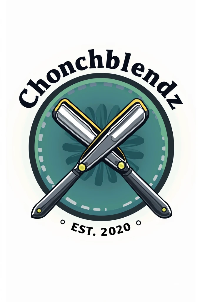 Create a flat vector, illustrative-style emblem logo design for a San Diego barber 'ChonchBlendz' established in 2020 , featuring a modern straight razors crossed in the center of the company name. Use neon green, blue, grey and black colors to convey trust, premium service and a luxury experience against a white background.