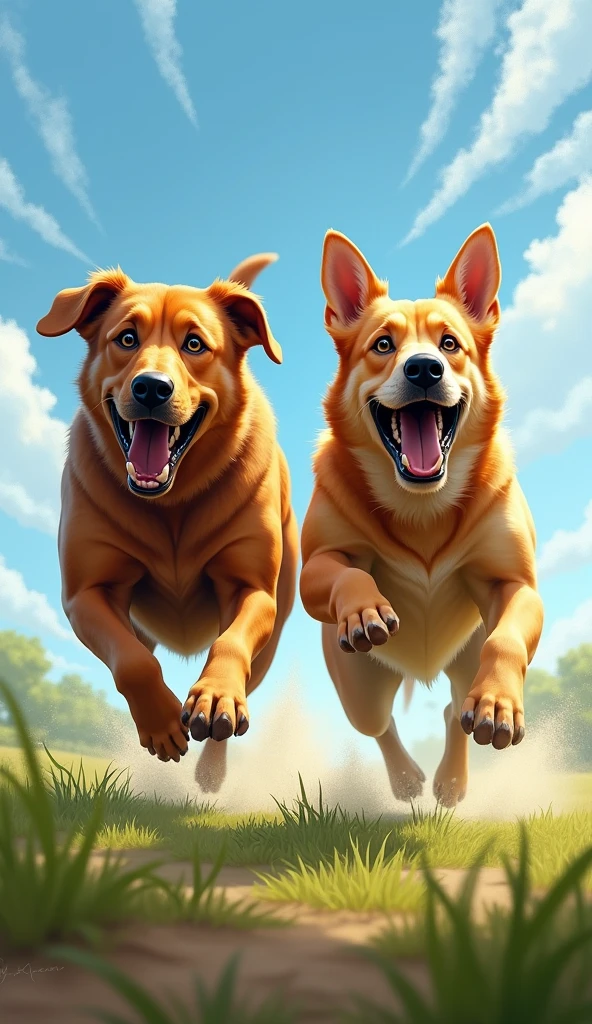 Two big dogs run towards each other