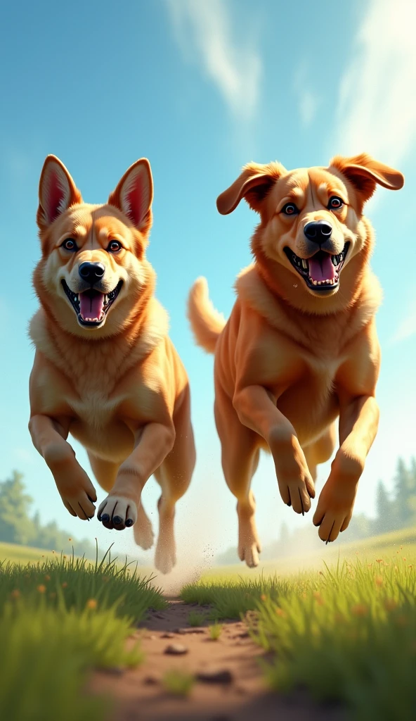 Two big dogs run towards each other