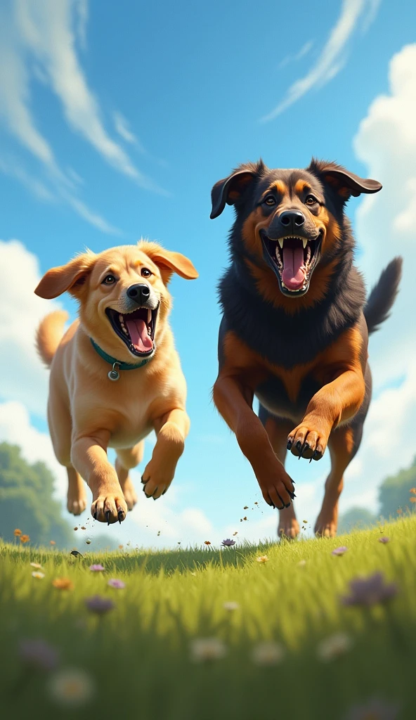 Two big dogs run towards each other