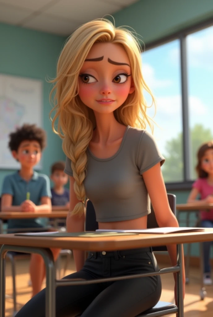 A blonde teenage girl with light brown eyes dressed in a short gray blouse and tight black pants is rolling her eyes with a look of contempt, She is sitting at a desk inside a modern classroom, In the background of the image you can see other students and a huge window showing the cloudy sky, disney pixar style