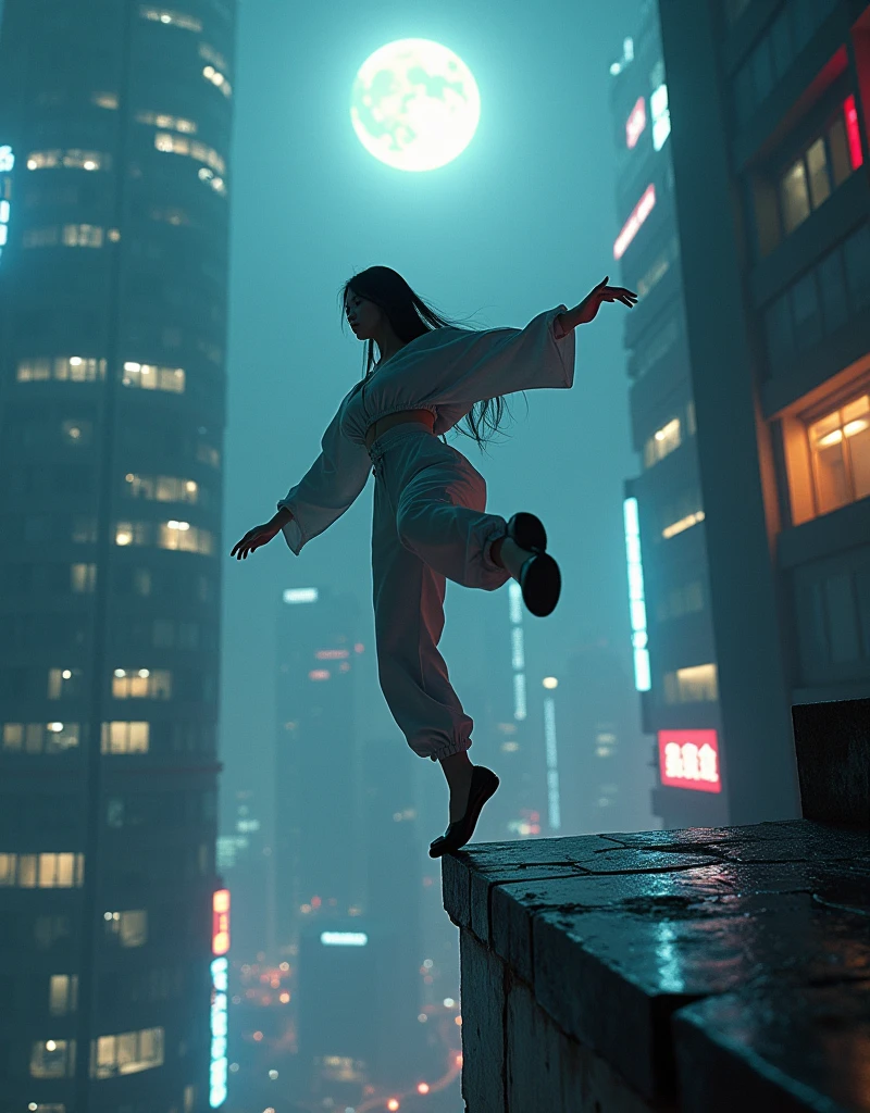 photo-realistic, dramatic scene, cinematic scene, masterpiece, (extremely beautiful Japanese boyish fat girl), professional dancer, full body, acrobatic pose, dynamic angle, breakdancing at the top of the tallest building, on the dangerous edge, amazing view of cyber punk skyscrapers, her brilliant fantastic dance techniques, (a strong spot light is on her:1.5), Her beautiful face brightly lit by moonlight