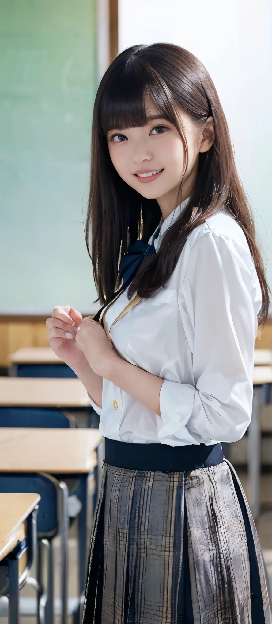 (Highest quality, masterpiece:1.2), Highest quality, Realistic, photograph, High resolution, 1080P, 8k, Physical Rendering, ((height: 155cm)), ((((((A beautiful fashion model featured in a Japanese fashion magazine、Look directly at the viewer)))))), (((big, Very fine, Beautiful dark brown eyes))), ((((Everyone loves me、They are Laughter at me.!)))), Detailed fingers, (((Curled bangs))), ((((Very noble and cute eyes, Every detail is carefully drawn)))), ((double eyelid)), (((Long eyelashes))), ((cute、Adorable、Adorable、Laughter、Laughter頬)), ((Pure white light hits my nose and cheeks. Her eyes and the white skin of her face are beautifully white.......)), (((((Her face is very expressive、With a noble smile。, so sweet, very smart))))), ((((A striking plain navy large school ribbon bow tie)))), ((((so beautiful、very long black braided hair)))),((She is wearing a formal long pleated skirt, Blue and navy tartan check), ((((The size is a bit large、With gold emblem.、She is very impressive as she lifts up her dark blue formal blazer to reveal her breasts.)))), ((As elegant as a noble princess)), ((Girls dancing in the classroom)), ((From the side, When her shirt is lifted up, her small breasts create an impressive image...))