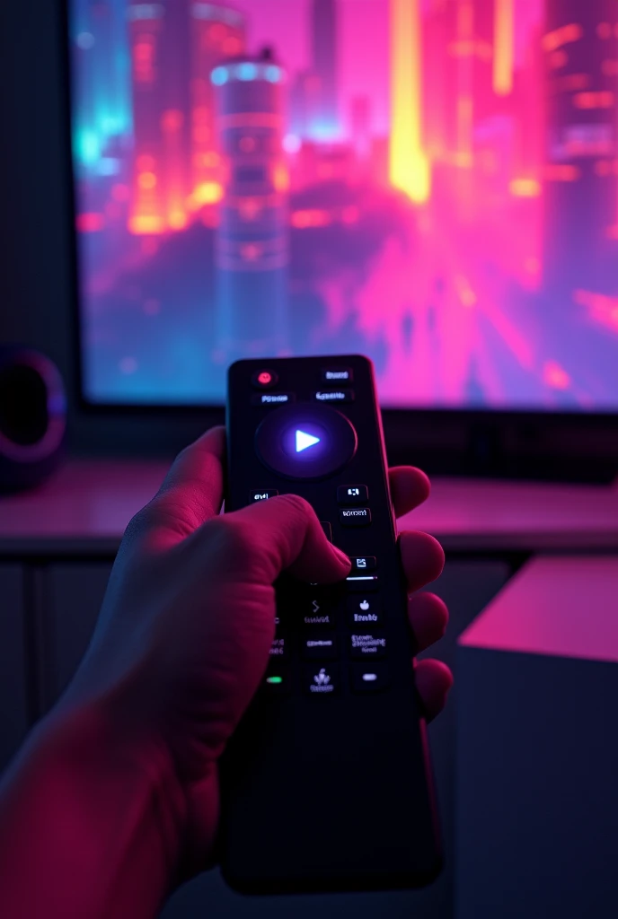 A hand holding a TV remote and pressing play on a TV, the image being neon only highlights the image 
