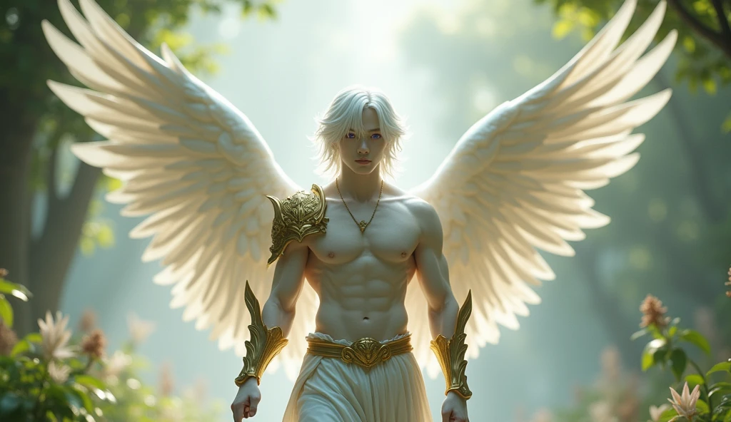 A gentle, white-winged male Asian feature albino angel (simple design) - Soft colors, with a subtle glow, white wavy 12" hair, white skin, purpled color eyes, most beautiful handsome male angel, white and gold large wings, built-in gold armor on chest and arms, large muscular biceps, chiseled ads, define jawline, pearl white lower garment, 32K UHD, masterpiece, best quality, style raw, walking through an enchanted garden of Eden. - Ethereal background, with a subtle texture