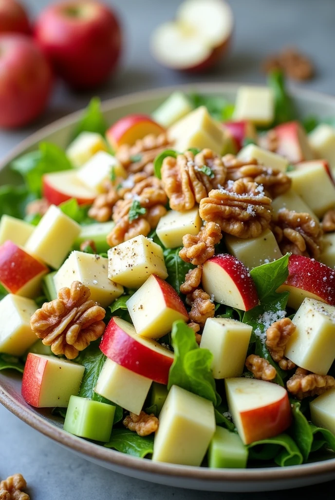 Create an image of this recipe: Apple Salad, Celery and Walnuts Ingredients:

- Apple: 1 unit (ca.. 150 g)
- Celery: 100 g - Walnuts: 30 g - Greek yogurt: 50 g - Honey: 10 g (Optional)
- Shall: 3 g Preparation:
1. Wash and cut the apple and celery into small cubes..

2. In a large bowl, mix the apple, celery and chopped walnuts.

3. In a small container, Combine Greek yogurt with honey (If you use it) and a pinch of salt.

4. Pour the dressing over the salad and mix well..

5. Serve immediately.

