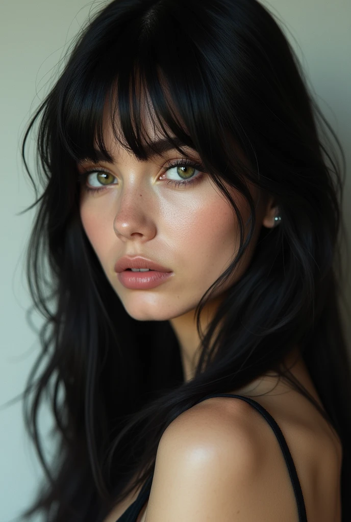 Woman with straight black hair and bangs. full body, greeneyes, European traits 