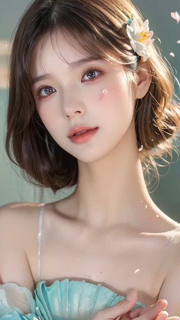 A beautiful young woman, delicate facial features, long eyelashes, full lips, elegant expression, flower petals gently peeling off her face, soft lighting, pastel colors, ethereal atmosphere, detailed skin texture, cinematic composition, highly detailed, photorealistic, 8k, (best quality:1.2), (realistic:1.37), cinematic lighting, masterpiece
