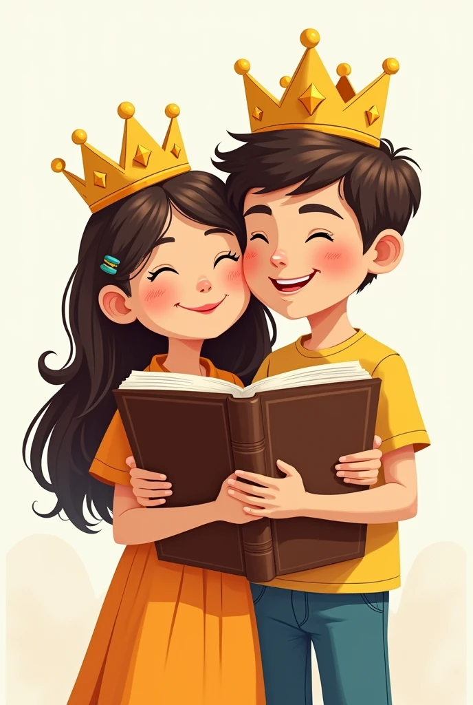 Cartoon An 18-year-old boy hugging a bible and with a crown on his head and next to him an 1 girl hugging a bible and with a crown on her head.