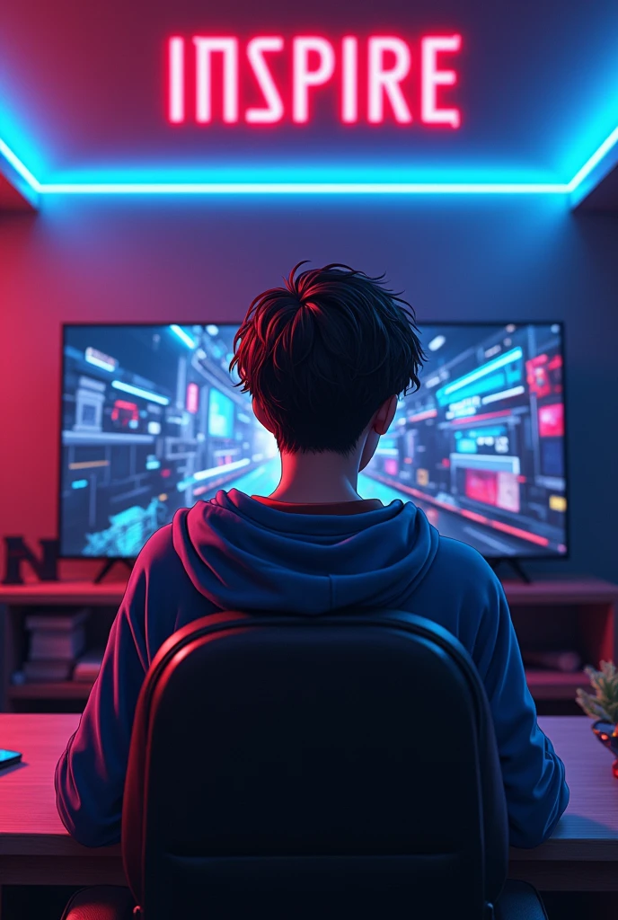 A boy playing game in a luxury gaming room .with vibe .and at his background wall therenis written inspire
Make the inspire more visible
Make the boy more handsome and his age is 22
He is playing on a phone
Make his face blurry
This photo is from his background from his backside
Make the boy an anime character
Make him more handsome