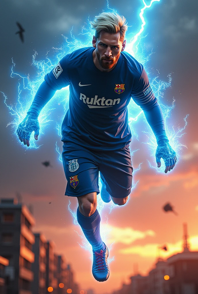 Flying Evil Messi in homelander  suit with eyes with blue electric power with bleach hair and destroying people in sunsets 